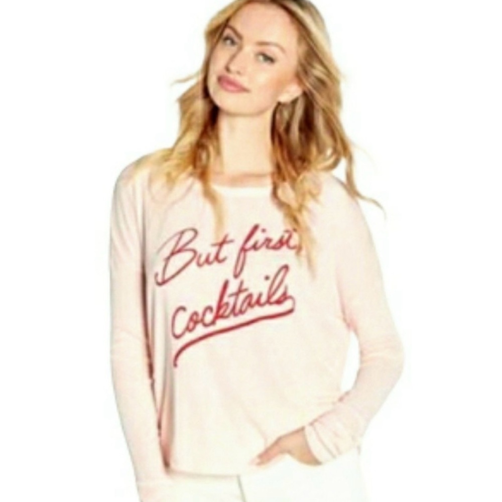 Wildfox pale pink “But First Cocktails” sweatshirt w/high split sides, size Med.